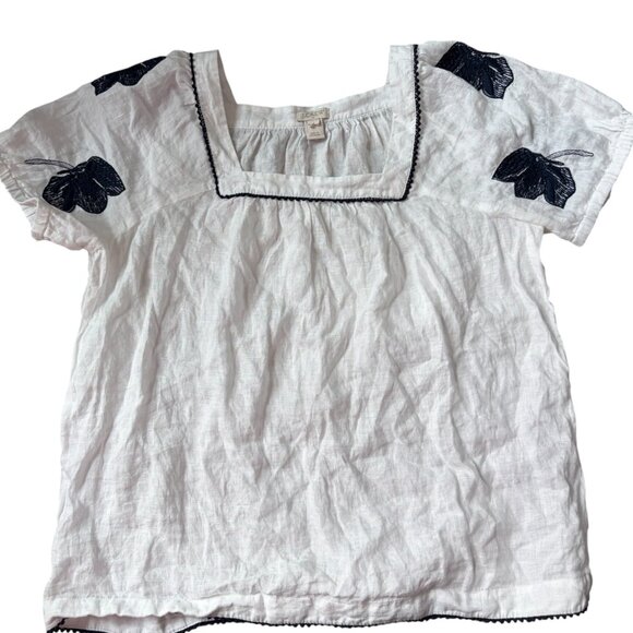 J Crew 100% Linen Peasant blouse with navy blue embroidery - Picture 2 of 5